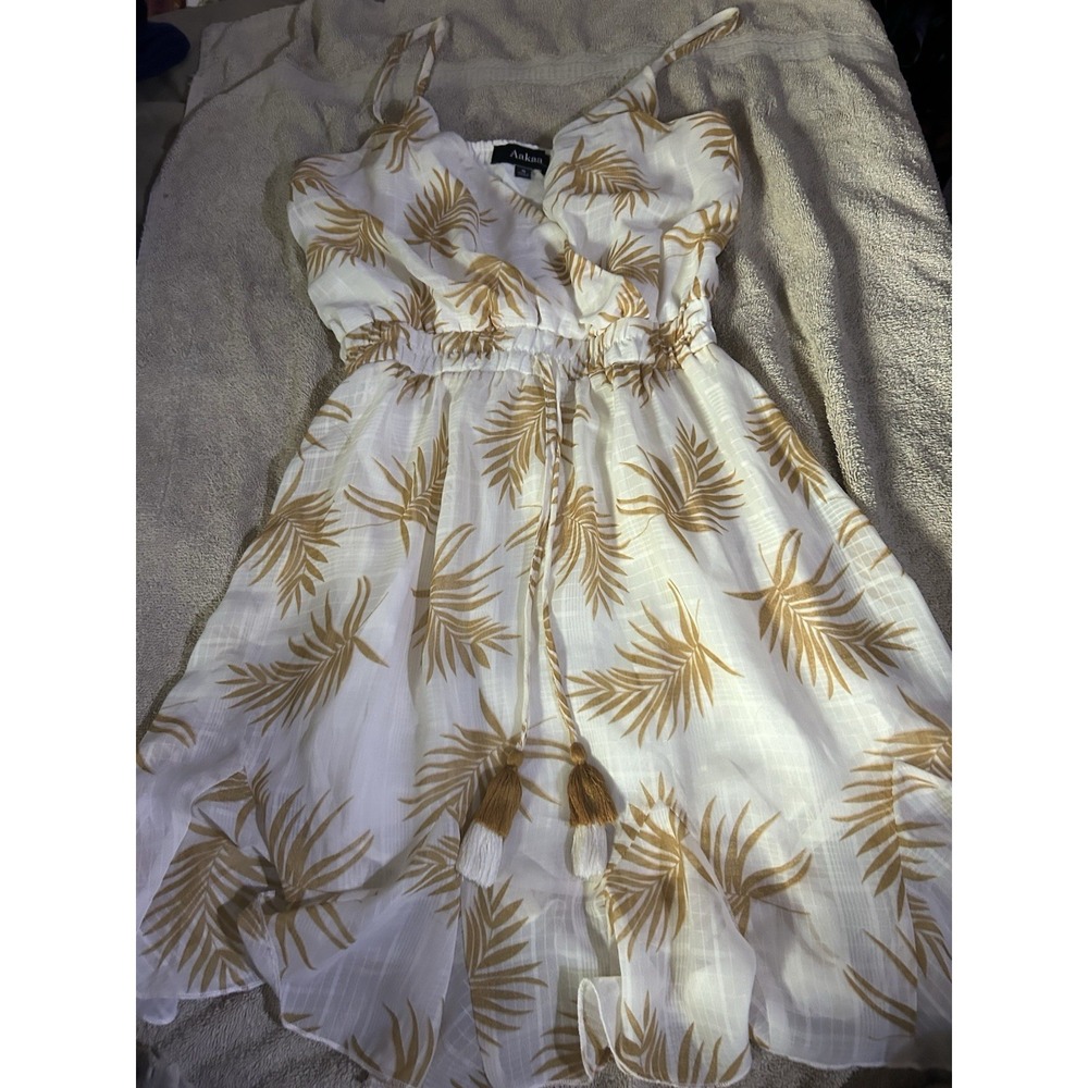 Aakaa Womens Small Tropical Palm Leaf Mini Dress Tassel Tie Boho Resort Sundress